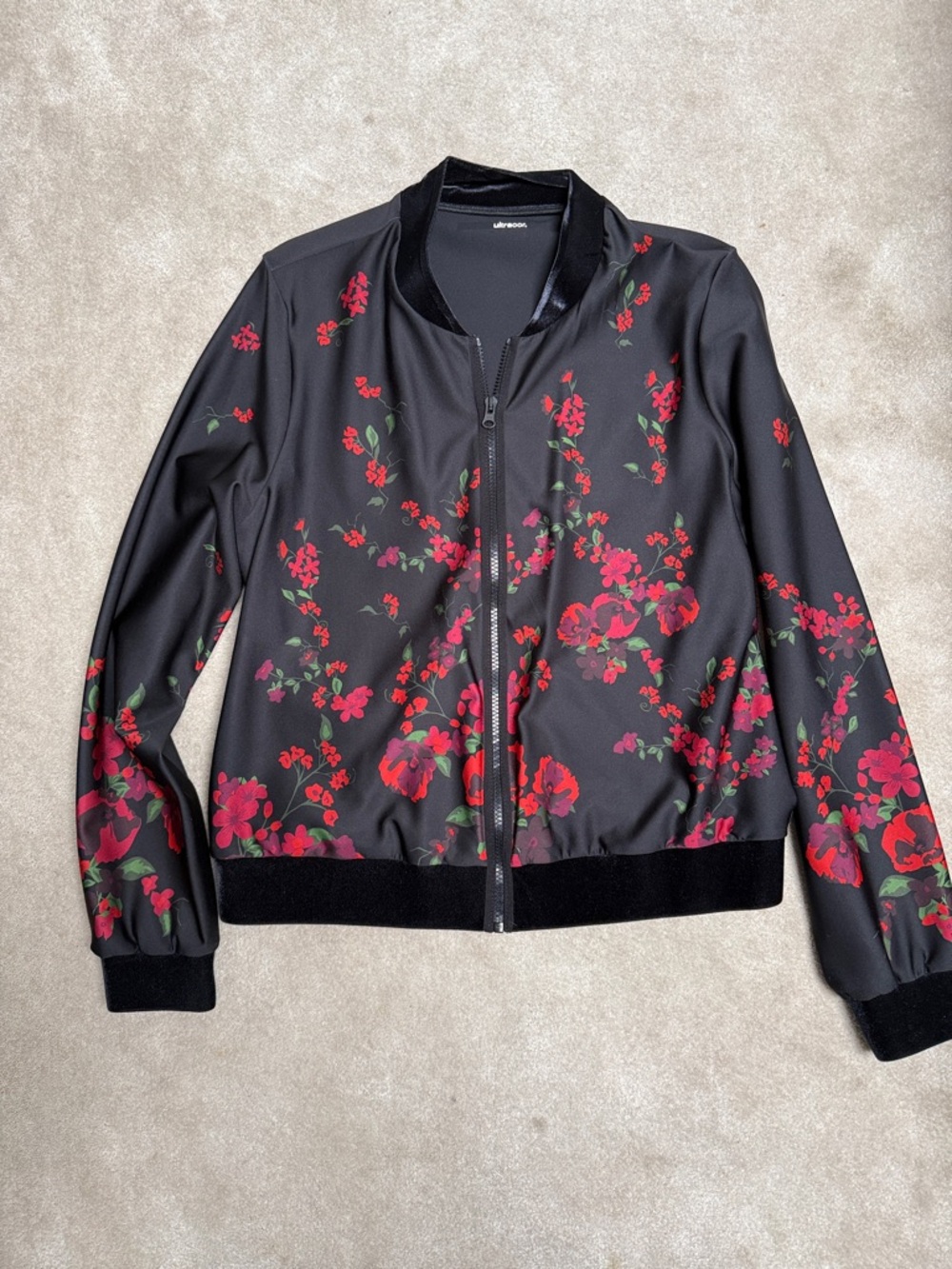 ultracor Black Bomber Jacket with Red Floral Print